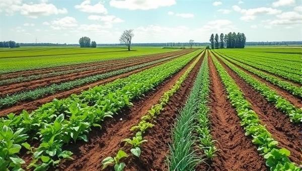 A regenerative farm landscape with diverse cover crops, healthy soil teeming with microbial life, and farmers implementing holistic land management practices, showcasing the principles of regenerative agriculture and sustainable farming for a thriving ecosystem.