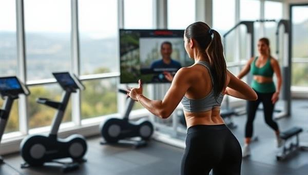 A dynamic workout scene with a virtual fitness coach guiding clients through an energizing exercise routine, set against a backdrop of scenic outdoor views and high-tech fitness equipment, illustrating the interactive and motivational aspects of FitFusion Coach.
