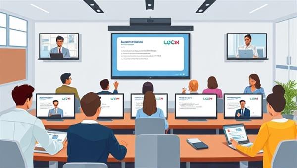 An illustration of a virtual classroom setting with diverse professionals engaging in legal compliance training modules on their screens, showcasing a modern and interactive learning environment for subscribers.