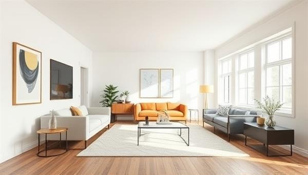 An empty room transformed into a beautifully furnished living space through virtual staging, featuring modern furniture, artwork on the walls, and natural lighting to visualize the potential of digital staging.