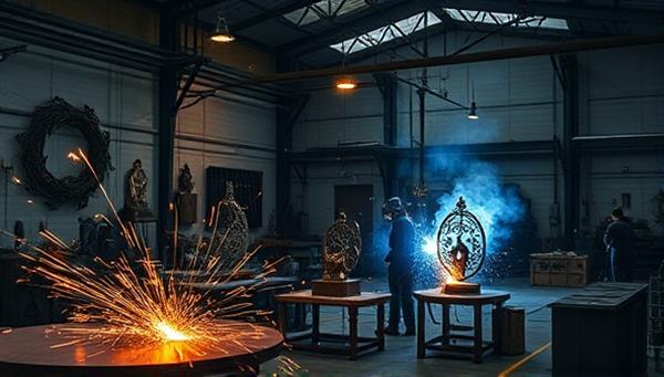 An elegant image of a metal fabrication workshop with sparks flying from welding torches, intricate metal sculptures on display, and artisans crafting custom metal pieces, showcasing skill and precision in metalwork.