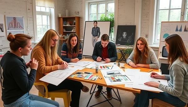 A group of enthusiastic designers attending a hands-on design workshop in a picturesque studio setting, surrounded by design sketches, color palettes, and creative tools, capturing the essence of learning and creativity.