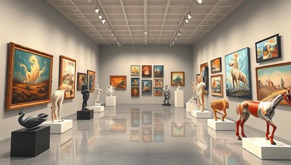 A digital art gallery showcasing a diverse collection of paintings, sculptures, and digital artworks in a visually stunning 3D environment, inviting visitors to explore, discover, and connect with artists and their creations online.