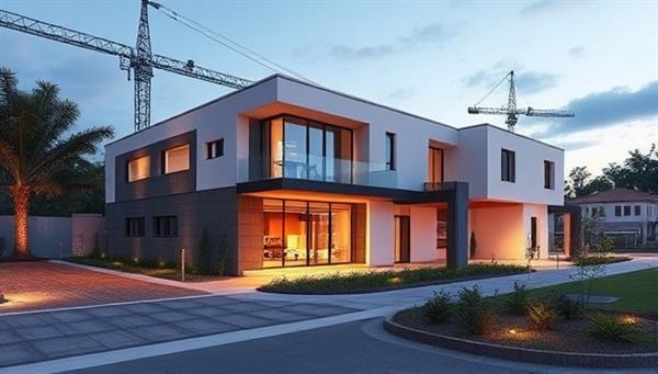 An immersive 3D visualization of a construction project on VizBuild Online, displaying a photorealistic rendering of a modern building exterior with landscaping and lighting details, showcasing the platform