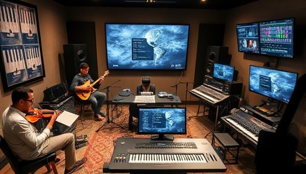 A virtual music studio within HarmonyHub Studio featuring a diverse group of musicians from around the world collaborating on a music project, with digital instruments, mixing boards, and audio tracks visible on screens, creating a dynamic and creative environment for remote music production and collaboration.