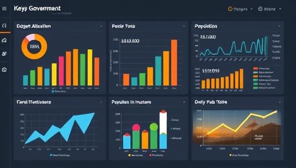An engaging data dashboard displaying interactive graphs and visualizations on key government metrics such as budget allocation, population trends, and infrastructure investments, depicting data-driven decision-making and insights through visual storytelling.