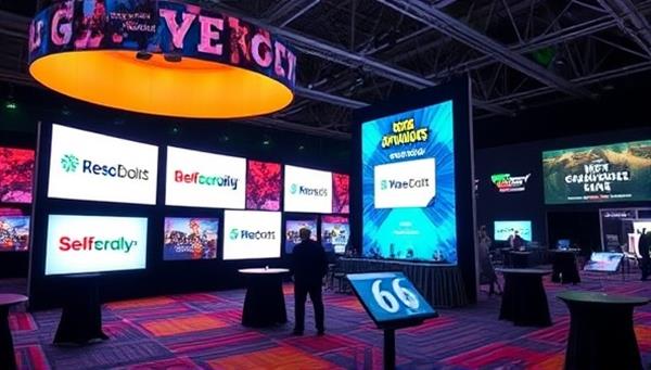 A dynamic virtual event space with engaging digital displays showcasing sponsor logos and brand messages, conveying the excitement and innovation of virtual event sponsorship opportunities in a tech-savvy environment.