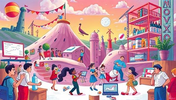 An imaginative storyboard with vibrant illustrations depicting fictional brand characters, settings, and products interacting in a dynamic and visually captivating world, illustrating the agency