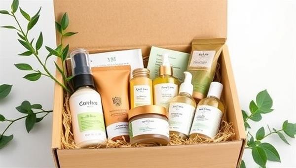An aesthetically pleasing beauty box filled with eco-friendly products such as bamboo packaging, refillable containers, and plant-based ingredients, symbolizing sustainability and natural beauty.