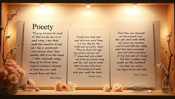An elegant digital showcase featuring heartfelt poetry samples with intricate calligraphy, surrounded by soft lighting and delicate floral accents, evoking a sense of warmth and personal touch in gifting.