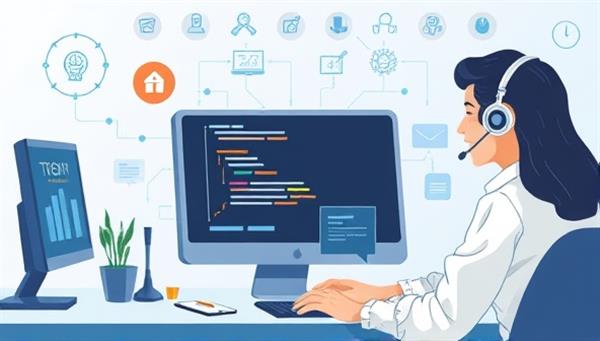 An illustration of a tech support specialist assisting a real estate agent with software troubleshooting on a computer screen, with cybersecurity icons and IT tools in the background, highlighting the reliable and professional services offered by TechEstate Support.