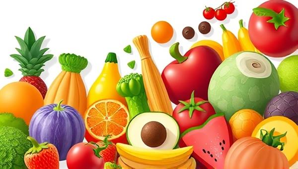 A vibrant digital illustration featuring a collection of fresh fruits, vegetables, and whole foods arranged in a visually appealing and appetizing manner, symbolizing healthy eating and nutrition coaching on the platform.