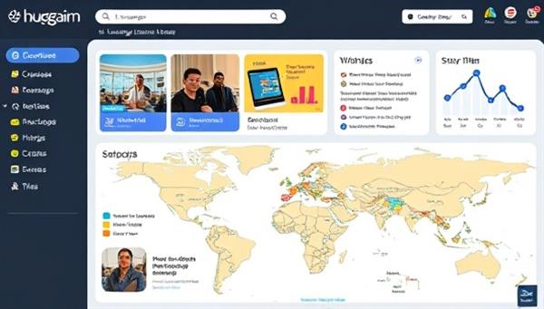 An interactive language learning dashboard showcasing diverse language courses, virtual classrooms, tutor profiles, and user testimonials, with a global map highlighting language exchange opportunities and cultural events, fostering a vibrant language learning community.