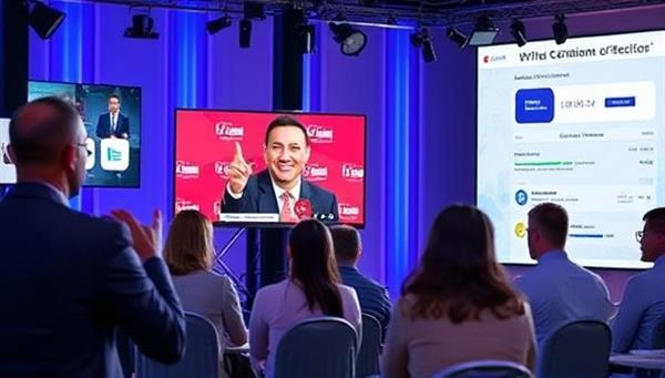 A virtual event scene featuring a professional host engaging with a virtual audience on a live stream, surrounded by interactive elements like polls, chat features, and branded event graphics, illustrating the dynamic and engaging nature of virtual event experiences crafted by VirtuEvents Agency.