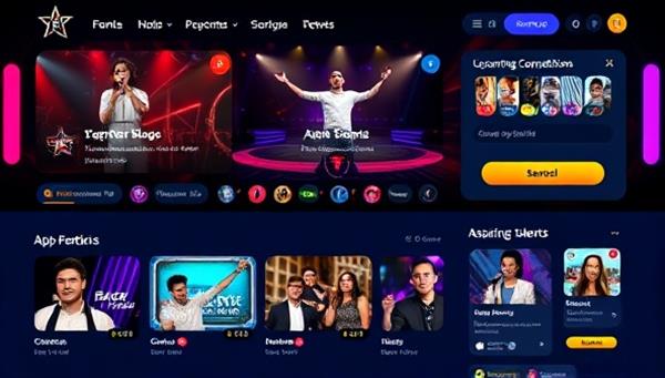 An online talent show interface showcasing various performance categories, user rankings, and upcoming competitions, with vibrant colors and engaging visuals to attract aspiring talents and audience members alike.