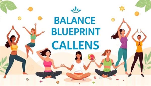 An energetic digital illustration of a Balance Blueprint Challenges promotional graphic showcasing diverse participants engaging in yoga poses, cardio exercises, meditation, and healthy eating habits, symbolizing holistic wellness and balance in a dynamic and inclusive setting.