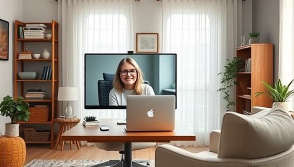 A virtual background image of a cozy home office setup with a financial coach on a video call with a client, discussing financial goals and strategies, creating a sense of trust and professionalism.