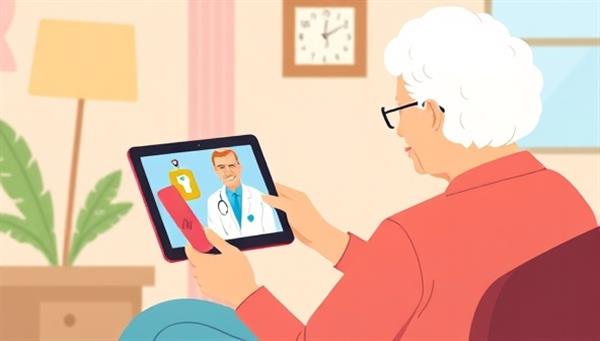An illustration depicting a senior using a tablet to connect with a healthcare provider through the ElderCare Connect platform, showcasing the simplicity and accessibility of telemedicine for older adults.