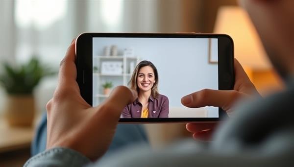 An image of a person engaging in a video therapy session with a counselor on a mobile device, with calming visuals and supportive messages in the background, illustrating the convenience and accessibility of MindConnect Teletherapy for mental health support.