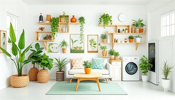 A virtual eco-friendly home setup with sustainable products, indoor plants, and energy-efficient appliances, creating a green living space that embodies the principles and values promoted by GreenLife Academy in its online courses and workshops on sustainable living.