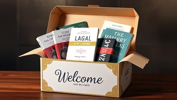 An artistic representation of a beautifully designed subscription box filled with legal books, study guides, legal-themed merchandise, and a personalized welcome note, creating a sense of excitement and anticipation for LegalBox Delivered subscribers.