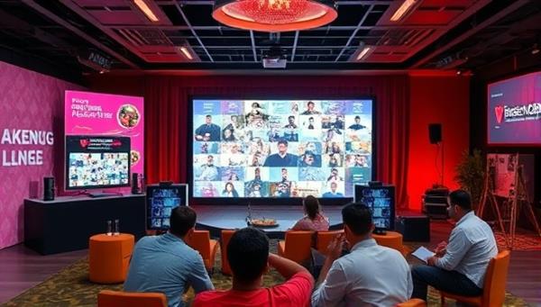 An image of a virtual event setup with customized digital backgrounds, interactive games, themed decor elements, and a diverse group of participants engaging in a virtual team-building activity, highlighting the dynamic and engaging nature of virtual events organized by EventCrafters.