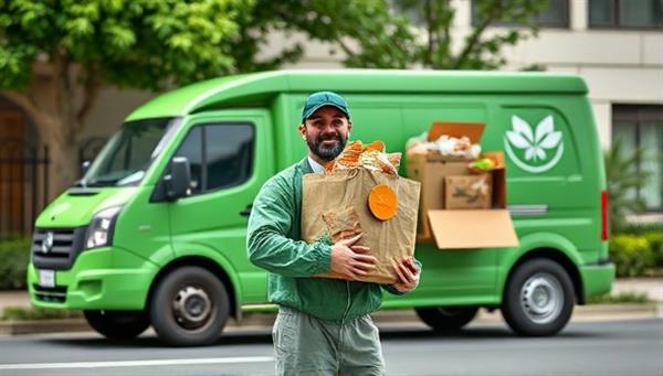 A sustainable food delivery scene featuring a delivery courier with eco-friendly packaging, fresh organic meals from local restaurants, and a green delivery vehicle, symbolizing the commitment to sustainable dining practices and environmentally friendly food delivery services.