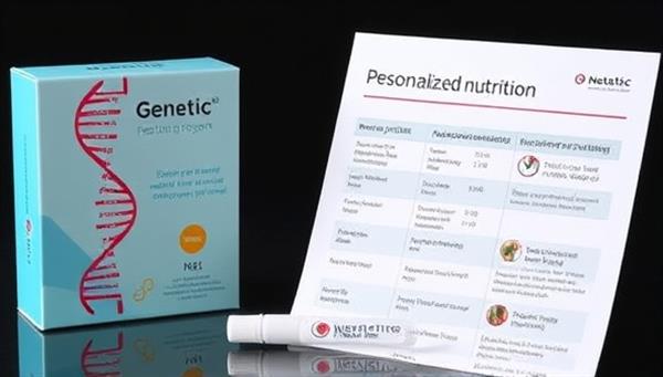 An image of a genetic testing kit with a DNA sample collection swab and a personalized nutrition report showing recommended foods and dietary guidelines based on the individual