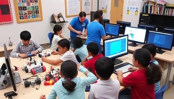 A coding and robotics club session in progress, with children gathered around computer screens, robots, and tech gadgets, experimenting with code and building innovative projects under the guidance of instructors, showcasing a dynamic and tech-savvy learning environment that fosters creativity and teamwork.