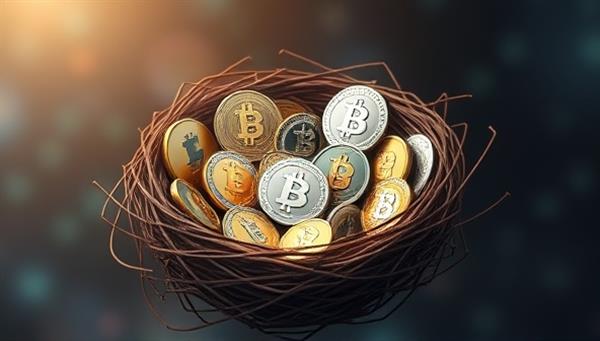 An artistic representation of a digital nest filled with various cryptocurrencies, symbolizing safety, growth, and nurturing financial assets within the CryptoNest app.