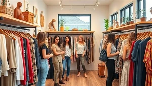 A chic boutique interior with racks of stylish clothing, accessories, and a cozy fitting area, where customers are happily swapping fashion pieces, trying on new outfits, and enjoying the sustainable shopping experience, reflecting a blend of fashion and eco-consciousness.