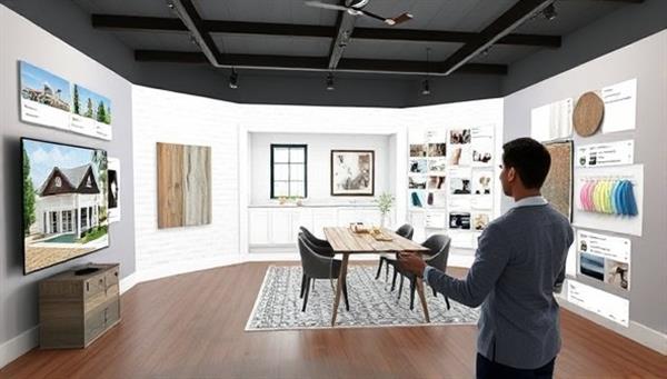 An interactive virtual design studio displaying 3D renderings of home renovation concepts, mood boards, and material samples, with a virtual designer assisting a homeowner in visualizing their renovation project, creating an immersive and collaborative design experience powered by Renovate360+.