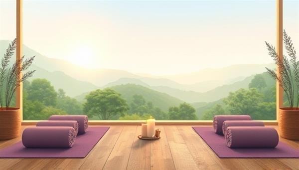 A serene digital illustration of a virtual wellness retreat setting, featuring a tranquil nature backdrop with yoga mats, candles, and meditation cushions, creating a peaceful and rejuvenating ambiance for ZenVibe Retreats subscribers.