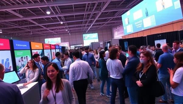 An immersive virtual event setting with avatars mingling at booths, attending virtual keynotes, and engaging in interactive activities, illustrating the dynamic and engaging nature of events hosted on the platform.