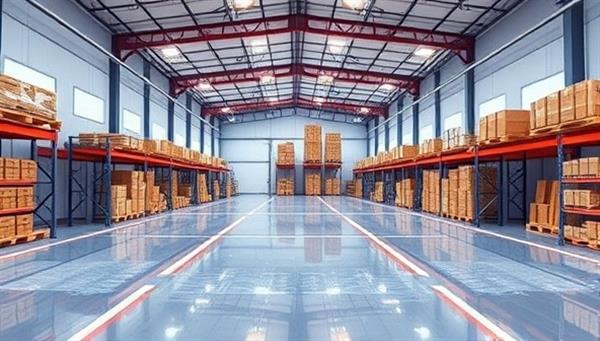 An immersive VR experience from VRWare Explore, showing a digital representation of a warehouse interior with interactive features allowing users to explore different storage areas, analyze layout options, and visualize potential storage solutions, highlighting the futuristic and engaging aspect of VR warehouse tours.