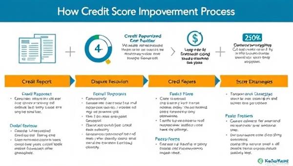 An infographic illustrating the credit score improvement process, from credit report analysis to dispute resolution and score enhancement strategies, conveying a sense of financial empowerment and progress for users.