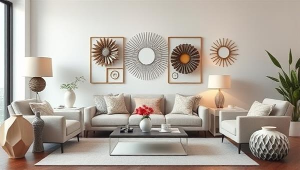 An artistic display featuring a modern living room setting adorned with 3D-printed home decor items like geometric sculptures, intricate vases, and custom wall art pieces, creating a visually striking and personalized ambiance.