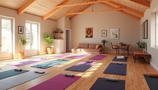 A serene and inviting space with soft lighting, yoga mats laid out for a class, a tranquil meditation corner, and a communal area for workshops and gatherings, radiating a sense of peace and well-being for visitors.