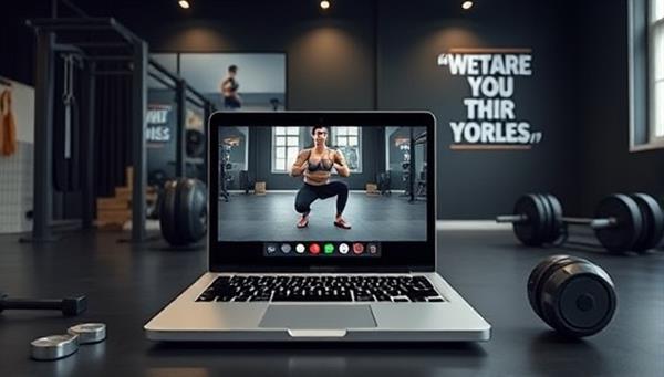 A virtual fitness studio setup with a laptop streaming a live workout session, fitness equipment in the background, and motivational quotes displayed on the screen, creating an immersive and interactive fitness coaching experience for clients.