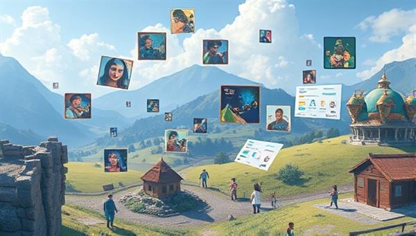 An artistic rendering of a digital landscape with various story elements floating in the air, symbolizing the interactive and collaborative nature of the platform.