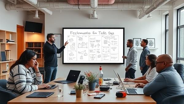 An open workspace with tech enthusiasts, government representatives, and community advocates brainstorming ideas on a digital whiteboard, surrounded by laptops and gadgets, illustrating a collaborative and innovative environment.