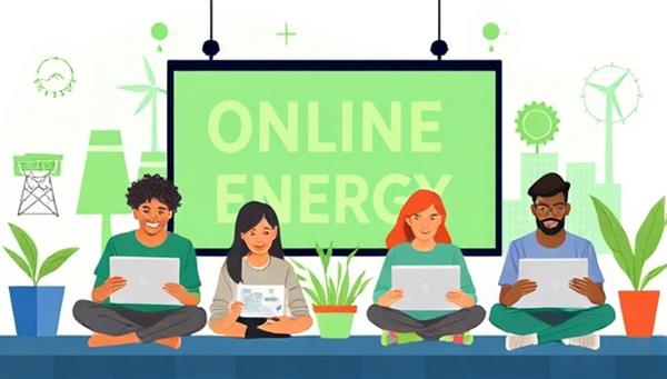 An online learning environment illustration featuring diverse students engaging with renewable energy course materials on laptops and tablets, surrounded by green energy icons and sustainability symbols, promoting education and innovation in the renewable energy sector.