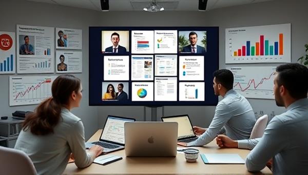A virtual marketing strategy session where consultants brainstorm creative campaign ideas and digital marketing tactics with a client via video call, surrounded by laptops, marketing charts, and social media engagement metrics, illustrating a dynamic and data-driven marketing approach.
