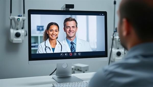 A computer screen displaying a video call between a patient and a doctor, with medical equipment subtly visible in the background, showcasing the convenience and professionalism of virtual healthcare consultations.