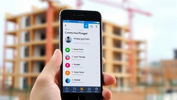 A smartphone displaying the BuildPro Manager app interface with construction project timelines, task lists, and team communication features, set against a backdrop of a construction site, illustrating the convenience and efficiency of digital project management in construction.