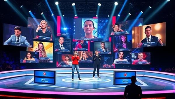 An artistic depiction of a digital stage where various performers are showcased simultaneously, with interactive voting buttons and comments from viewers scrolling in real-time, creating a dynamic and engaging virtual talent show experience.