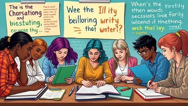 An artistic digital illustration featuring a diverse group of writers immersed in a virtual creative writing workshop, with notebooks, pens, inspirational quotes, and colorful writing prompts, creating a vibrant and inspirational atmosphere for storytelling and creativity.
