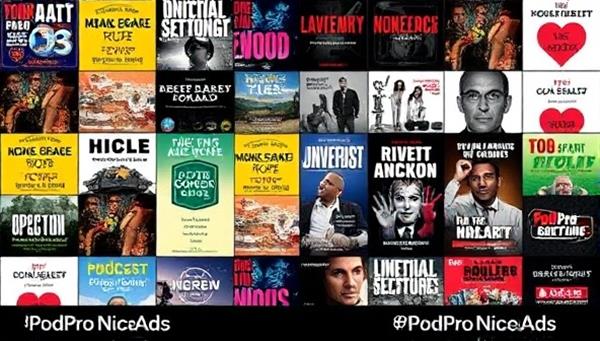 A collection of diverse podcast cover art from various niche genres, displayed in a digital gallery with branding elements of PodPro NicheAds, showcasing the network