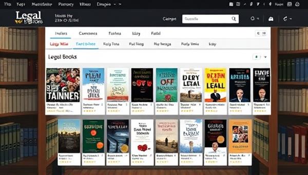 An artistic depiction of a digital library interface showcasing various legal e-book covers on LegalWise Books platform, with titles, authors, and ratings displayed, creating an immersive and informative experience for readers seeking legal knowledge and resources.