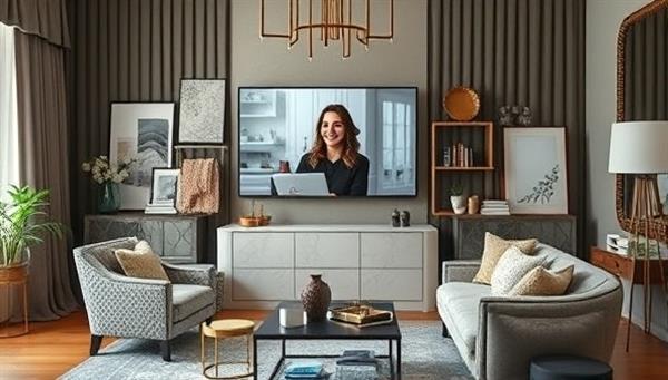 An elegant virtual interior design studio setup with a designer interacting with a client via video call, surrounded by mood boards, fabric swatches, and design samples, creating a sophisticated and collaborative design environment.